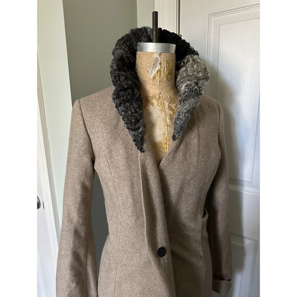 Women's Wool Dress Coat BLUE DEEP Tan/ Beige Taupe Lamb Fur 6-8 Italy 42 EU, S - Picture 1 of 16